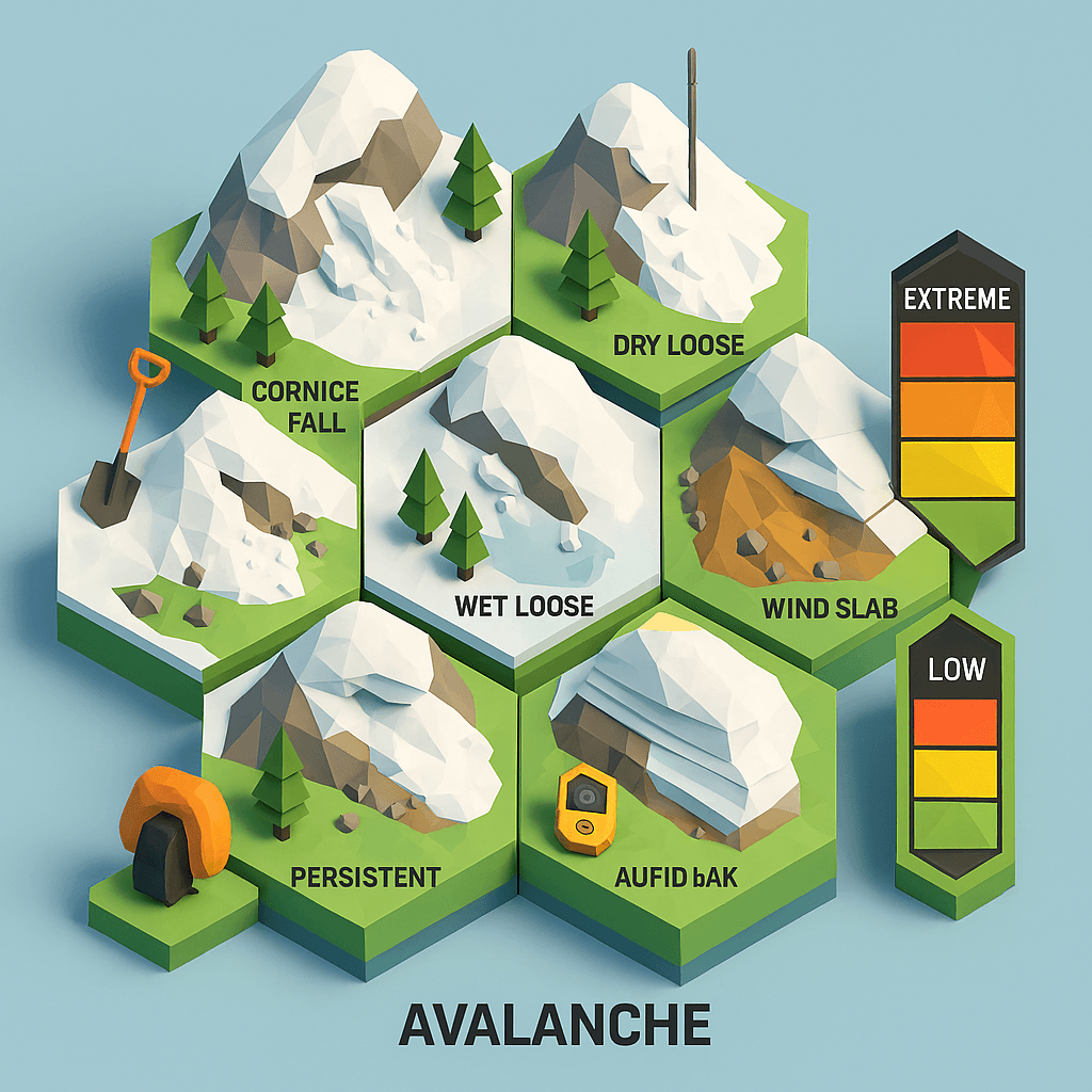 Avalanche types illustration showing different slab types in lowpoly style